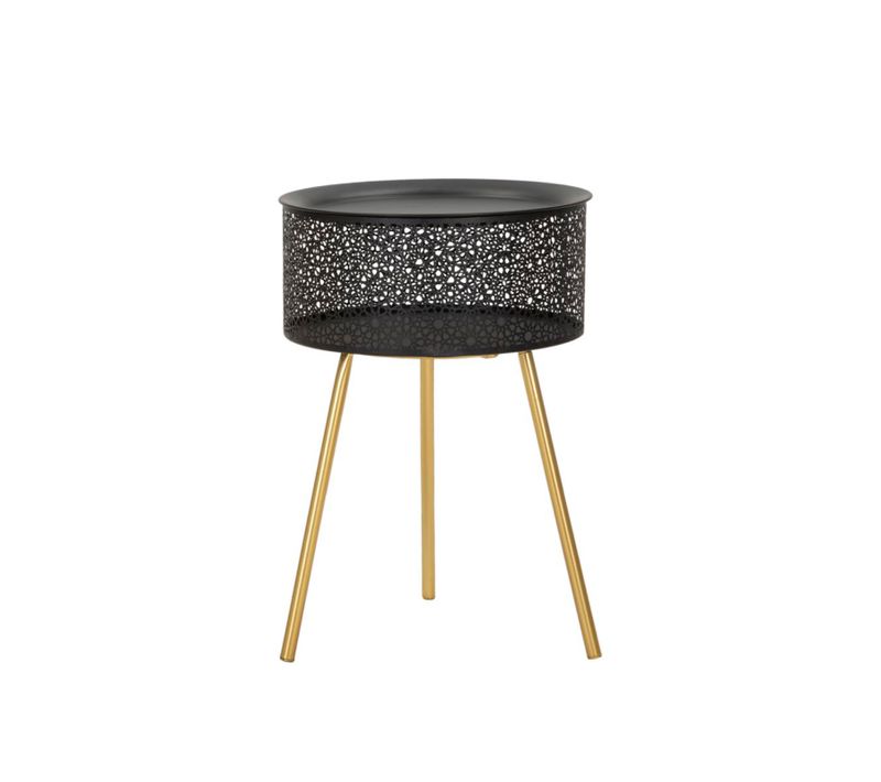 Petite Table Ronde Noire Avec Pieds Dorés Et Rangement Ø35x50 Cm