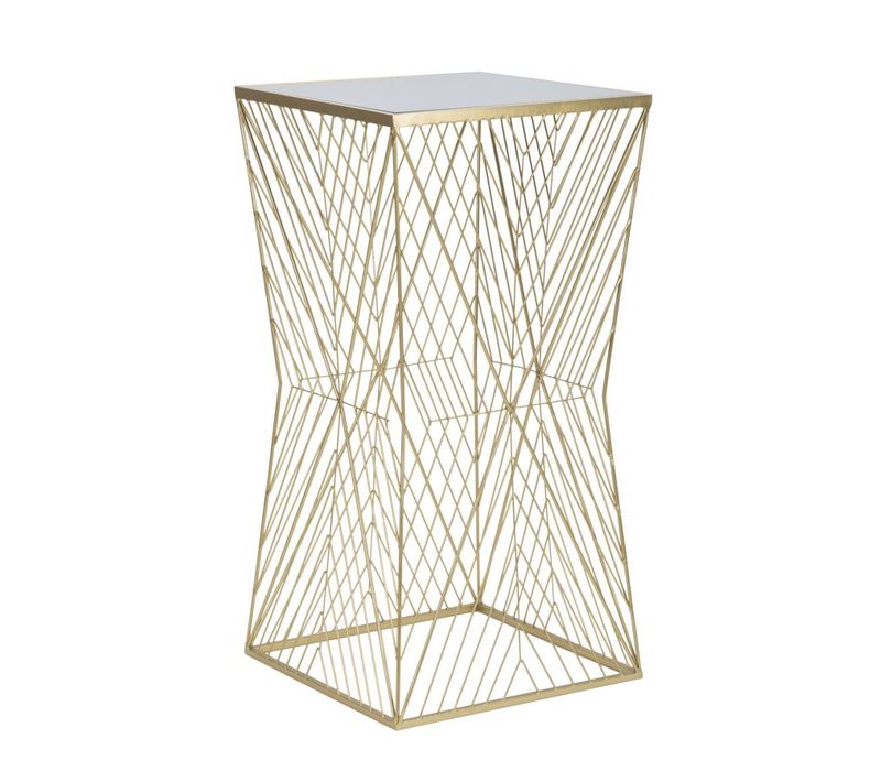 Table D'appoint Carrée 50x50x100 Cm Métal Doré Motif Géométrique Plateau Miroir