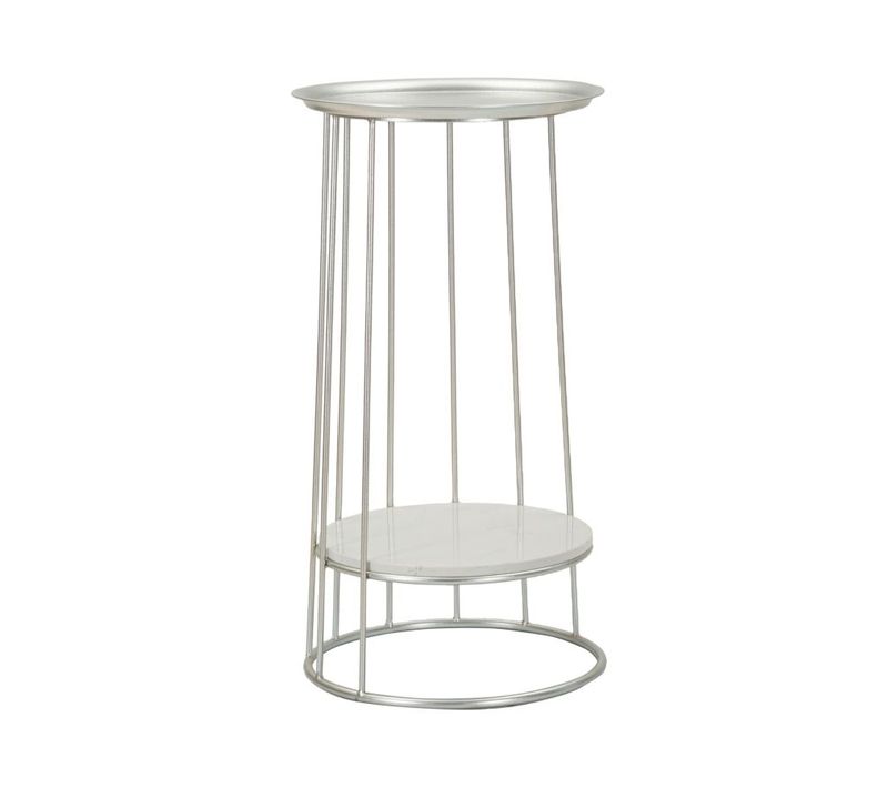 Table D'appoint Ronde Métal Argenté Et Marbre Ø40x76 Cm Design Élégant