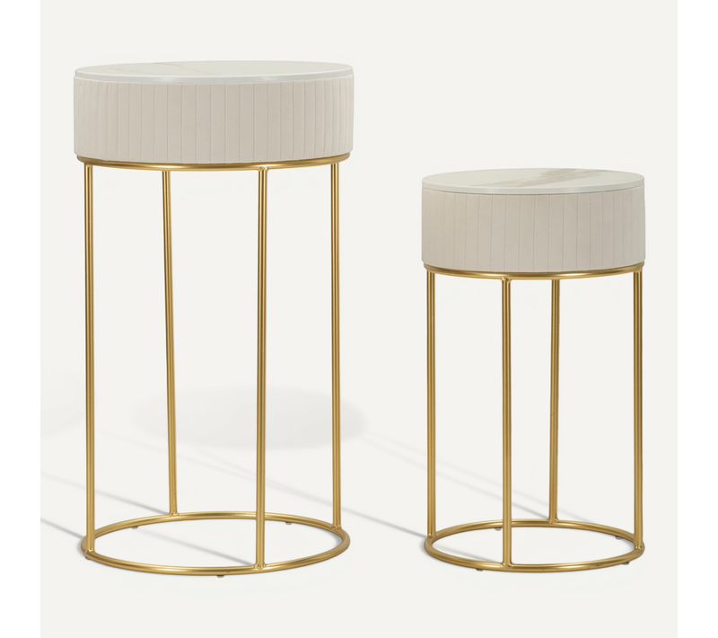 Ensemble 2 Table D'appoint Hautes Rondes D.50x90-40x70 Cm Crème Et Or En Bois Et Métal