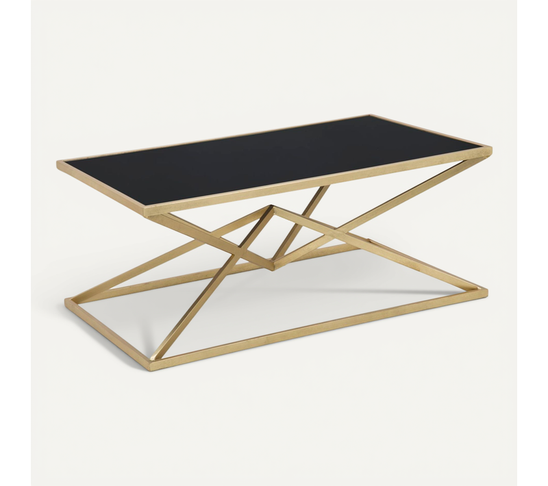 Table Basse Rectangulaire D.110x60 Cm Métal Doré Et Verre Noir Glamour