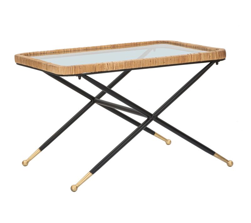 Table Basse Rectangulaire 70x50 Cm Métal Noir Et Plateau Verre Rotin Boho Chic