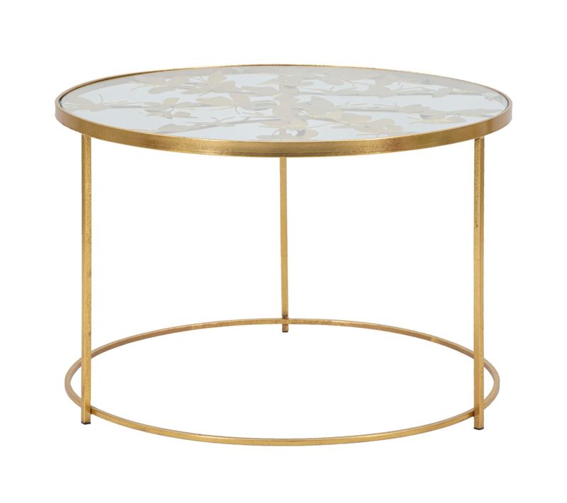 Table Basse Ronde 60 Cm Métal Doré Avec Décorations Papillons Et Plateau En Verre