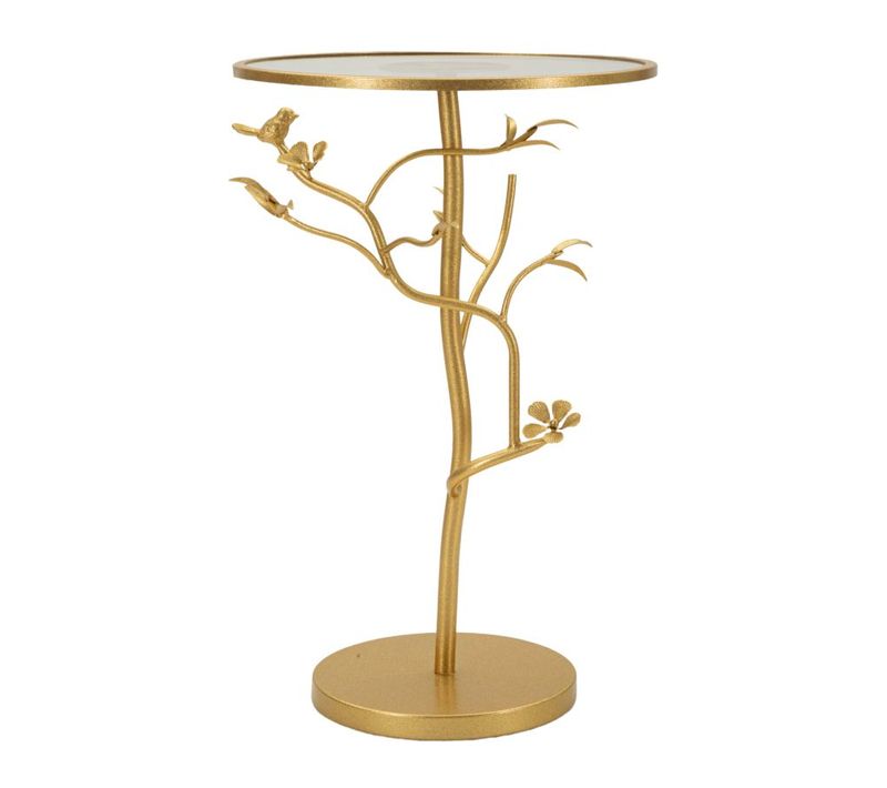 Bout De Canapé Birds Glass Dorée Avec Plateau En Verre, Ø 38x60 Cm