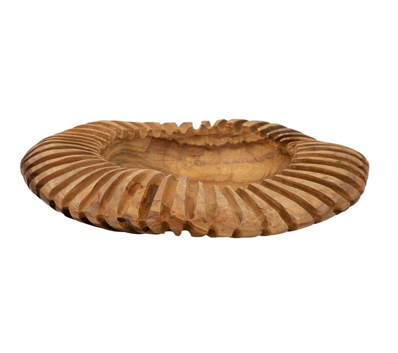 Plateau Rond En Teck Recyclé Sculpté Ø35x7 Cm Style Artisanal