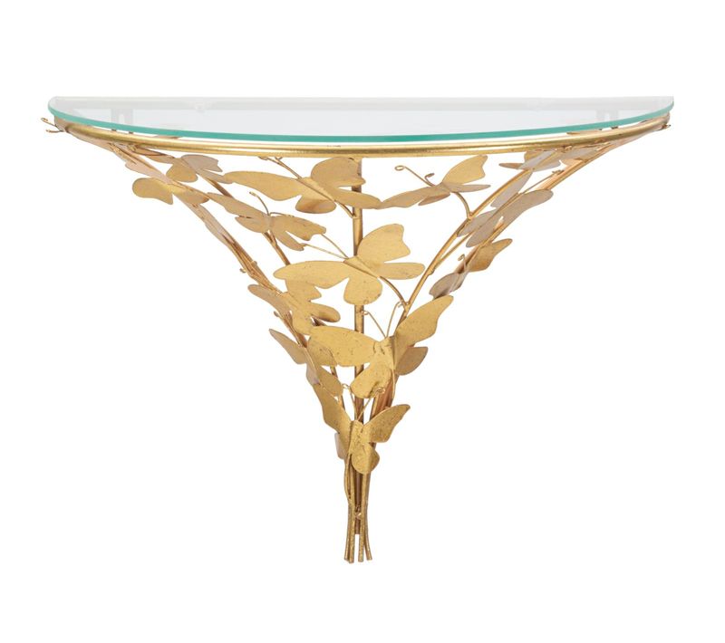 Table De Chevet Murale Dorée Avec Papillons Et Plateau En Verre, 44,5x24,5x34,5 Cm