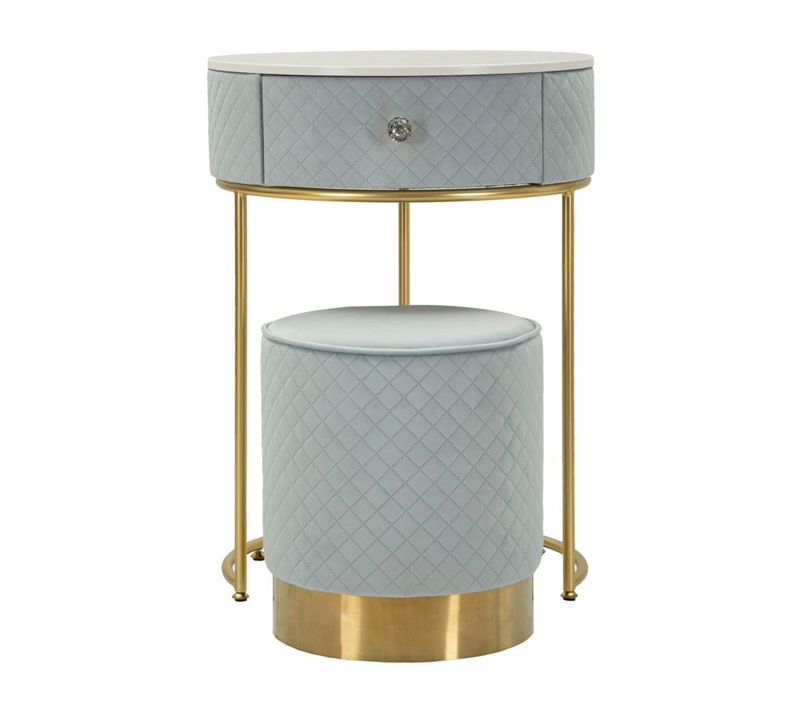 Coiffeuse Ronde Ø52x70 Cm Avec Pouf En Velours Bleu Clair Et Détails Dorés