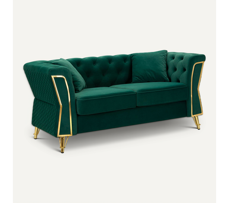 Canapé 2 Places Vert En Velours Matelassé Avec Pieds Dorés, Style Moderne Luxueux