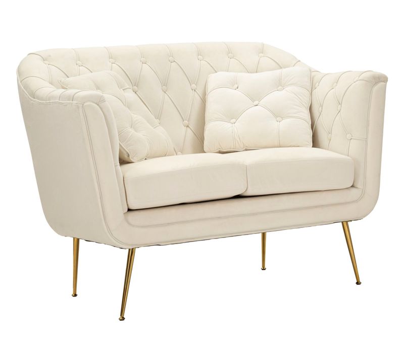 Canapé 2 Places Crème Avec Coussins, Velours Élégant Et Pieds Dorés, Style Glam