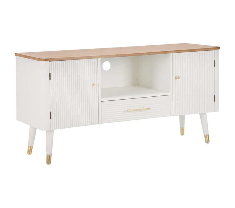 Meuble TV Bois Blanc Avec Pieds Métalliques Dorés - Style Bohème Chic - 117x40x60 Cm