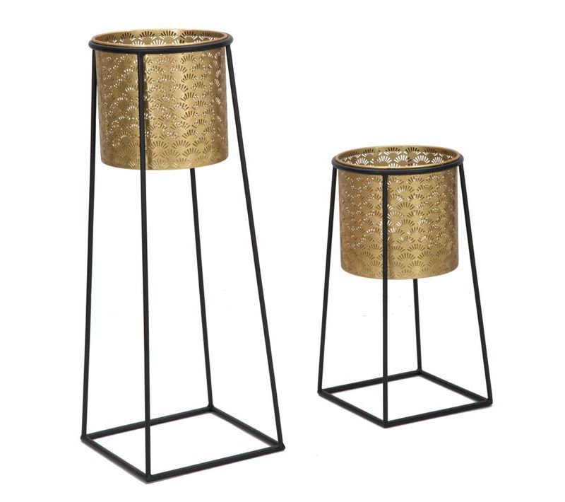 Paire De Pots à Fleurs Ronds Dorés Et Noirs Avec Socles Amovibles Ø26x70-23x45 Cm