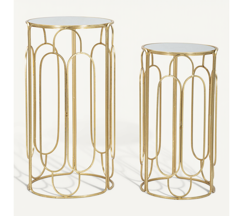 Tables Porte-plantes Rondes D. 36,5 X 70 Et 31 X 60 Cm, Métal Doré Et Miroir, Set 2 Pièces