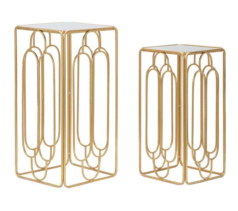 Tables Porte-plantes Carrées Ø 34 X 70 Et 29 X 60 Cm, Métal Doré Et Miroir, Set 2 Pièces