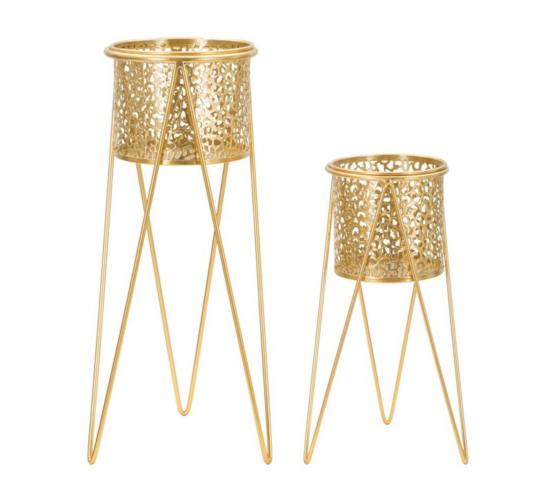 Paire De Porte-vases En Métal Doré Avec Décorations Arrondies, 21x20x46-18x18x32 Cm