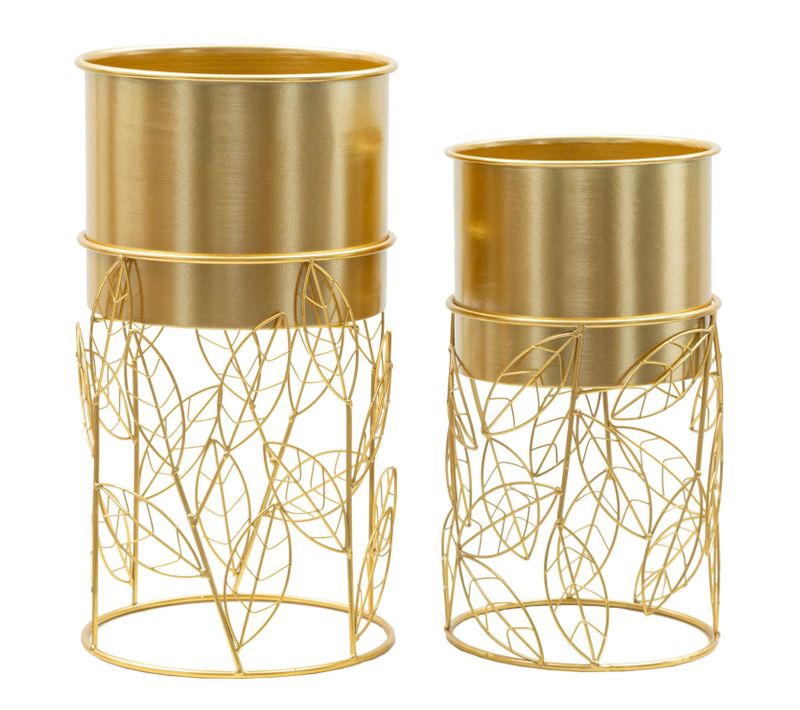 Set De 2 Porte-vases Métalliques Dorés D. 23x43-20x36 Cm Avec Décor De Feuilles Tressées