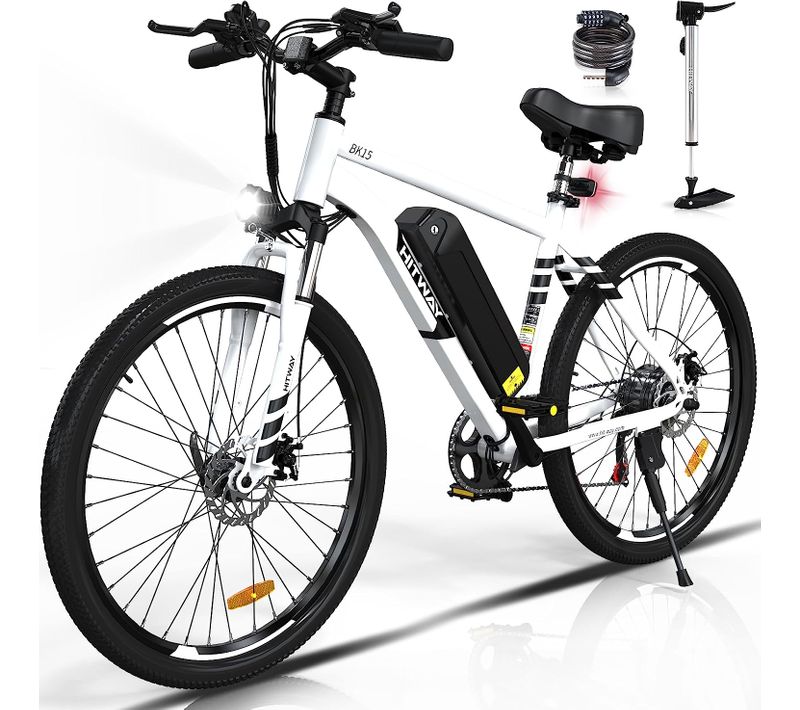 Hitway Vélo électrique Vae 27.5" Blanc, Batterie Amovible 36v13ah, 7-vitesses, Vtt Ville E-bike