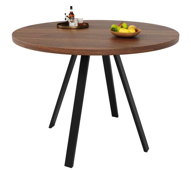 Table Ronde En Métal 80×80×75cm, Plateau Noyer, Pieds Noirs, Pour 4 Personnes, Salon, Cuisine