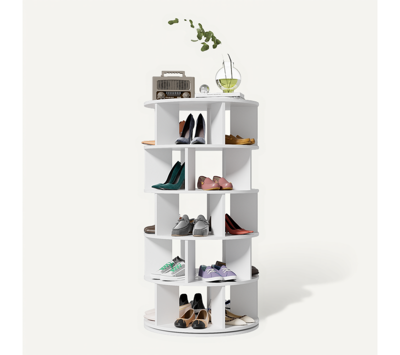 Meuble à Chaussures, Angle Rotatif, Blanc Rond, 5 Niveaux, Hauteur 115 Cm, Largeur 60 Cm