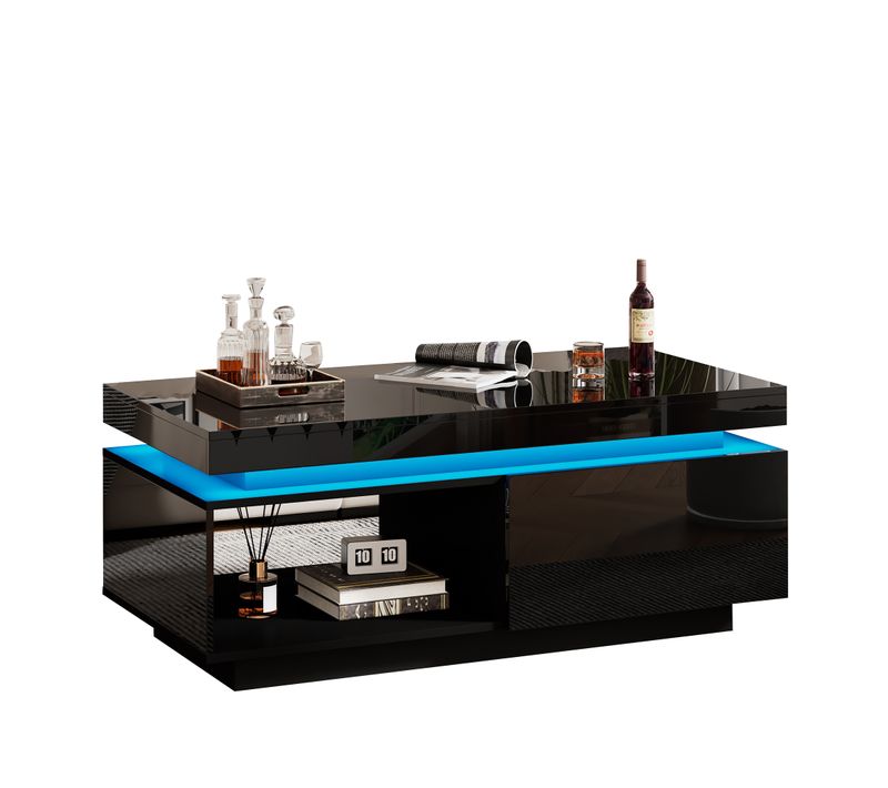 Table Basse Moderne Laquée Avec LED,100x50x40,3 Cm,tiroir Et Capacité De Charge De 50 Kg