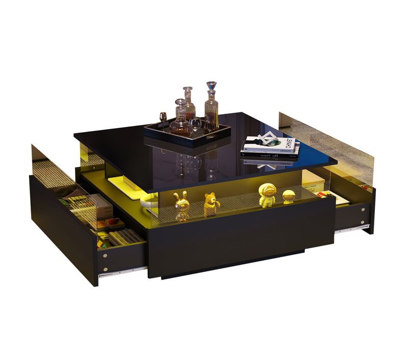 Table Basse Haute Brillance Avec LED,70x70x41 Cm,2 Tiroirs Et Zone De Présentation,charge 30 Kg