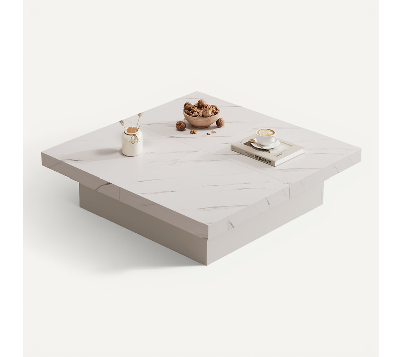 Table Basse Carrée Blanche Effet Marbre,90x90x25 Cm,4 Tiroirs,plateau Coulissant,charge 30 Kg