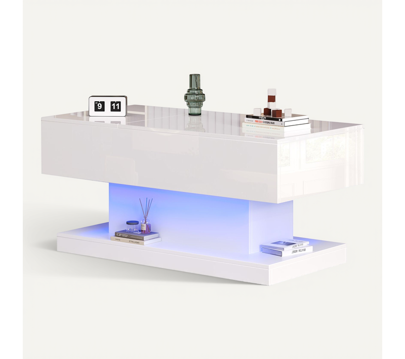 Table Basse Avec Système De Levage,led,100x50x45 Cm,plateau Semi-relevable, Avec Rangement
