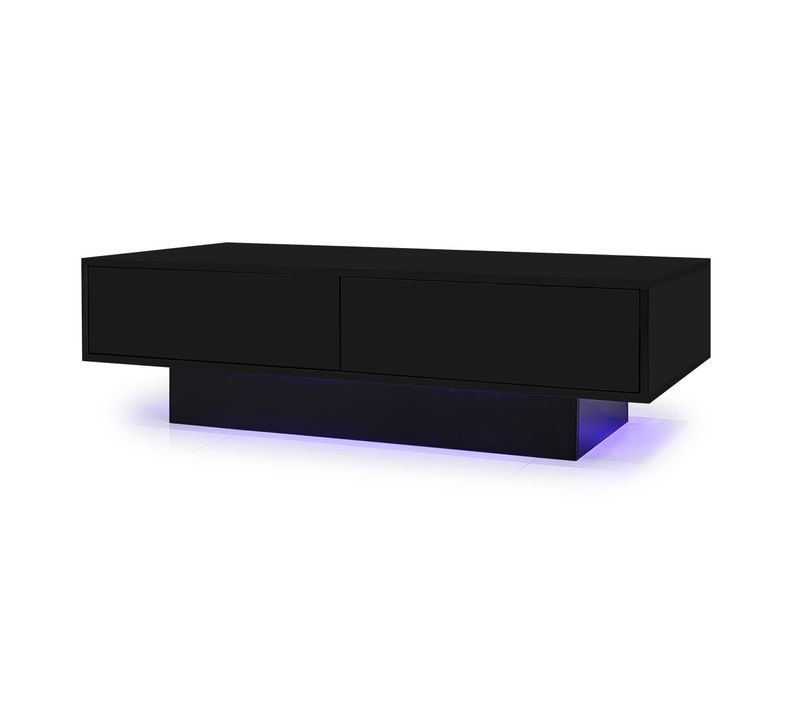 Table Basse Noire Haute Brillance,115x55x34 Cm,2 Tiroirs,led,capacité 30 Kg,design Élégant