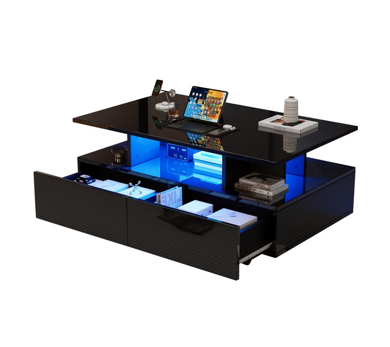 Table Basse Moderne Haute Brillance Avec LED Et 2 Tiroirs,table D'appoint 90x55x41 Cm,charge 30 Kg