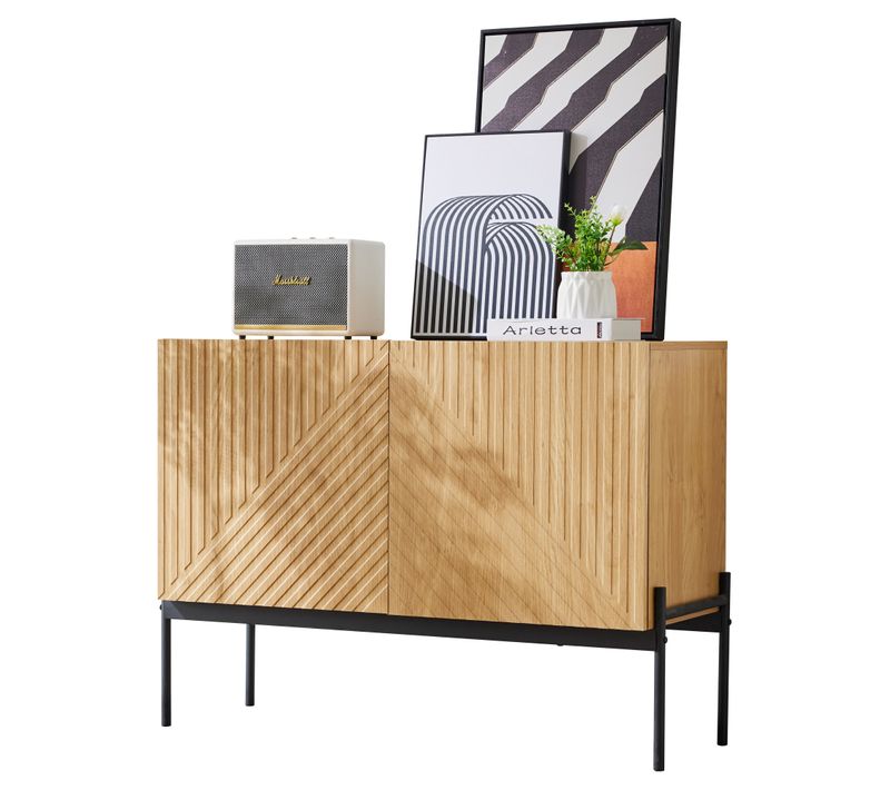 Buffet,2 Portes, Pieds Métal,75x100x40 Cm,design Lignes,buffet De Cuisine Moderne