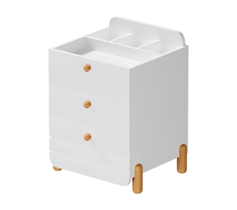 Table De Chevet Avec 3 Tiroirs, Étagères, Design Minimaliste, Pieds En Bois, Blanc