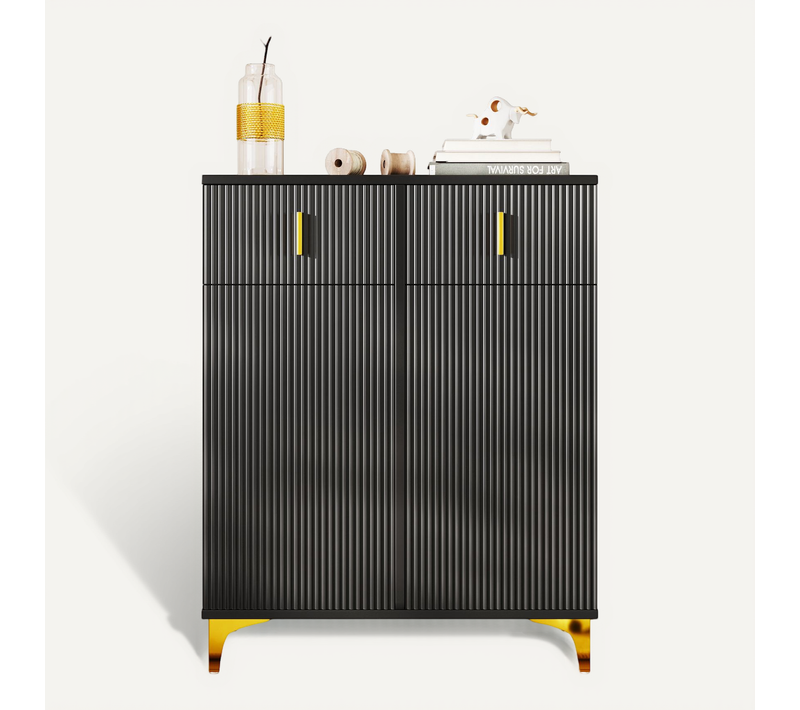 Meuble élégant Avec Panneaux Texturés, étagères Réglables, Décorations Dorées, Tiroirs, Noir