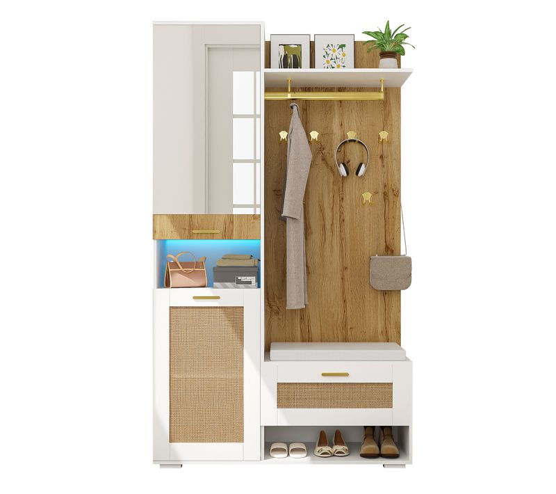 Set De Vestiaire Avec Miroir, 5 Crochets Dorés, Étagère, Banc, Rangement Et Éclairage LED