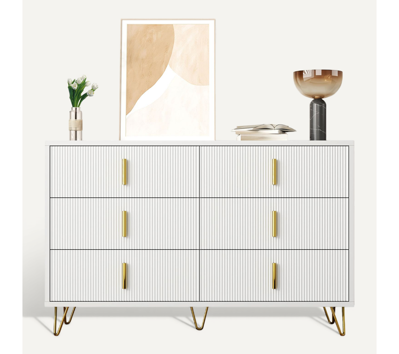 Commode Moderne Avec Tiroirs, Grand Espace De Rangement, Poignées Dorées, Pour Salon