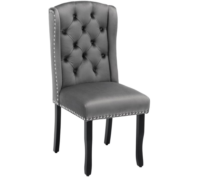 Set De 4 Chaises De Salle à Manger En Velours Avec Pieds En Chêne, Boutons, Gris