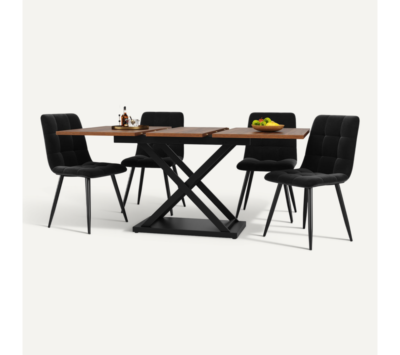 Ensemble De Salle à Manger (5 Pièces), Table Extensible 160x80x75 Cm, 4 Chaises Velours Noir