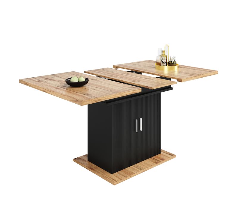 Table De Salle à Manger Télescopique (140×70 Cm), Table Extensible Avec Étagères, Naturelle Et Noire