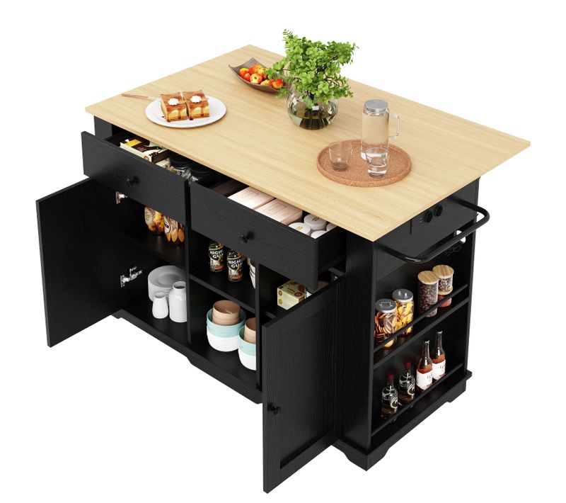 Îlot De Cuisine, Chariot Avec Prise, Chariot Avec Plan De Travail, Buffet, Veinage Bois, Noir