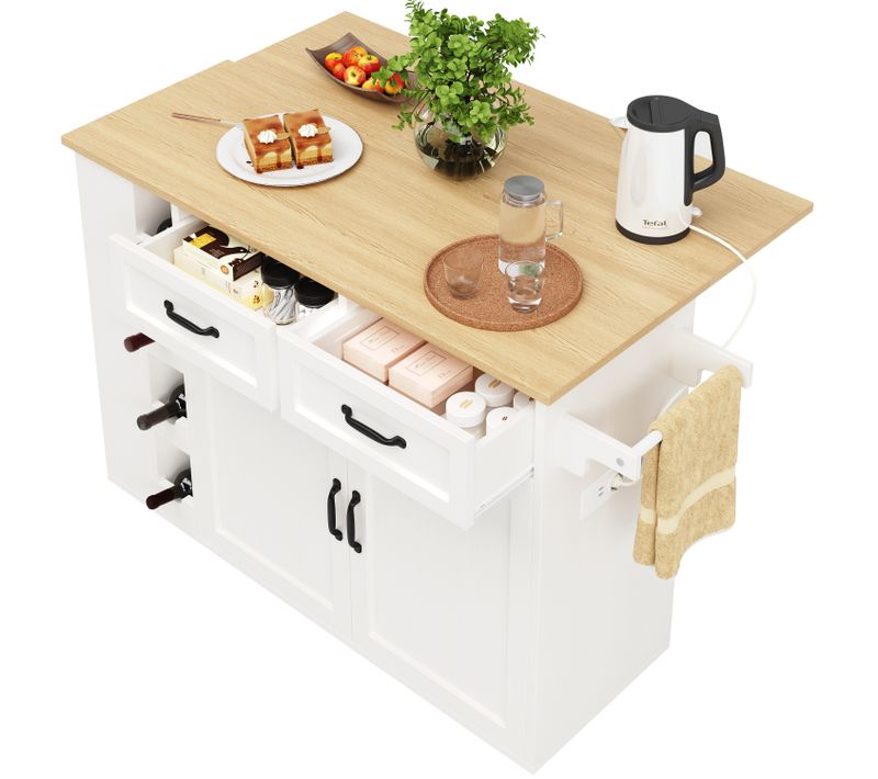 Îlot De Cuisine 131,5 Cm Avec Prises, Table Pliable, Tiroirs Et Rangement, Blanc Et Naturel