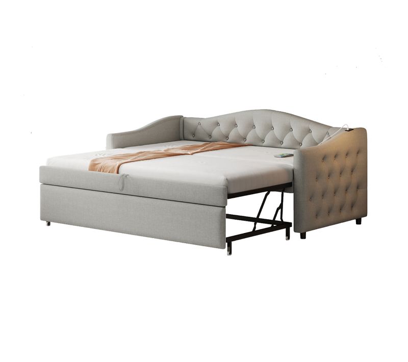 Lit Convertible 90x200 Cm, USB, Boutons Et Sommier, Multifonction, ,lin Gris (matelas Non Inclus)