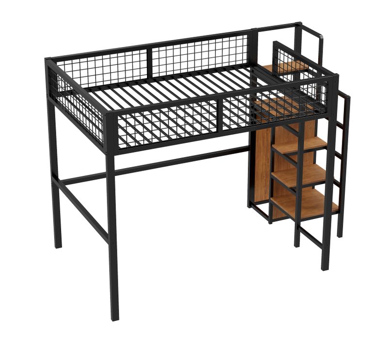 Hochbett 140x200cm Avec Échelle, Cadre Métal, Étagères Et Armoire, Lit Pour Enfants, Noir