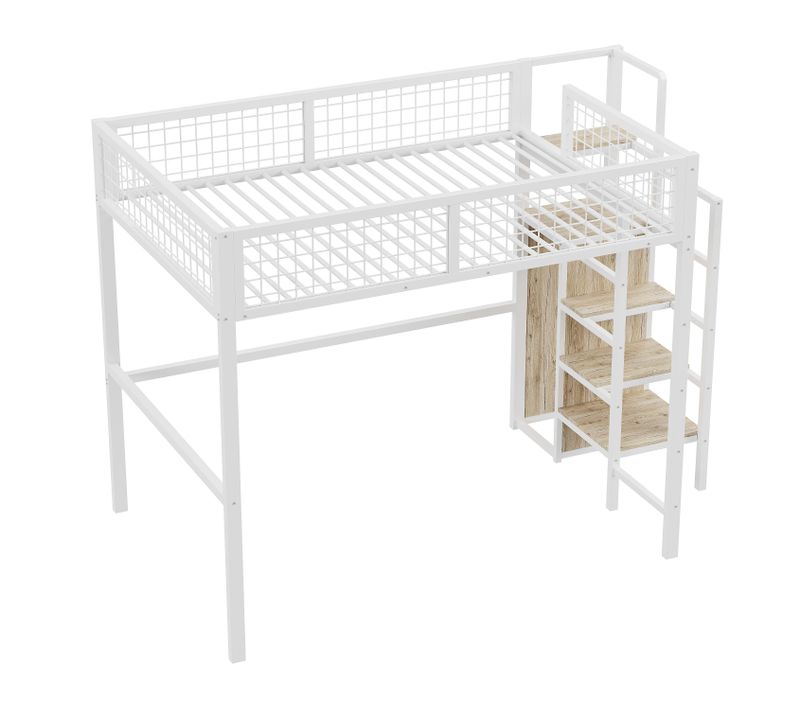 Hochbett 140x200cm Avec Échelle, Cadre Métal, Étagères Et Armoire, Lit Pour Enfants, Blanc
