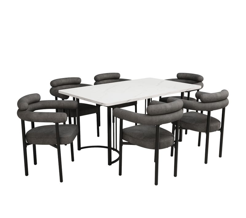 Ensemble Table Et Chaises (7 Pièces), Table Métal, 6 Fauteuils En Daim Gris, Confortable
