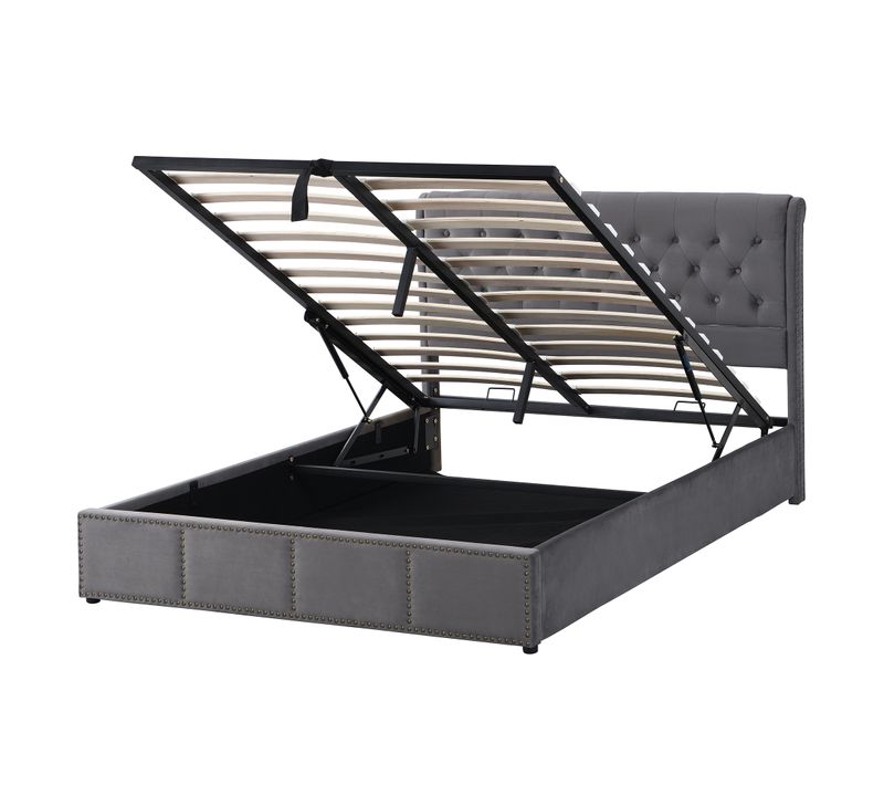 Lit Rembourré 140x200 Cm Avec Levier Hydraulique, Banc De Rangement, Velours Gris