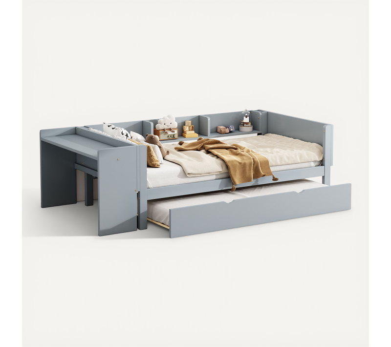 Lit Plat, 90 X 200 Cm, Avec Lit Extractible, Bureau Et 3 étagères Latérales, Gris