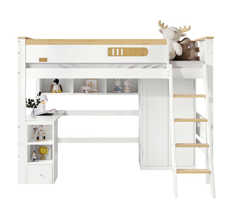 Lit Superposé Enfant, Bureau, Armoire, Étagère, Échelle 4 Étages, Pin+mdf, Blanc+nature