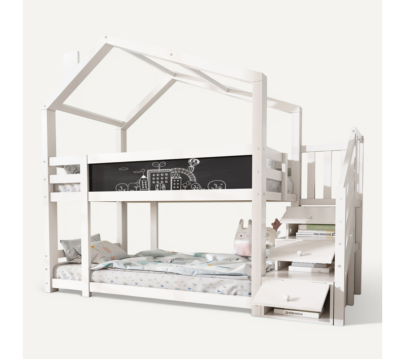 Lit Enfant Maison, Cheminée, Garde-corps, Tableau, 2x Sommier, Blanc, 90x200cm (sans Matelas)