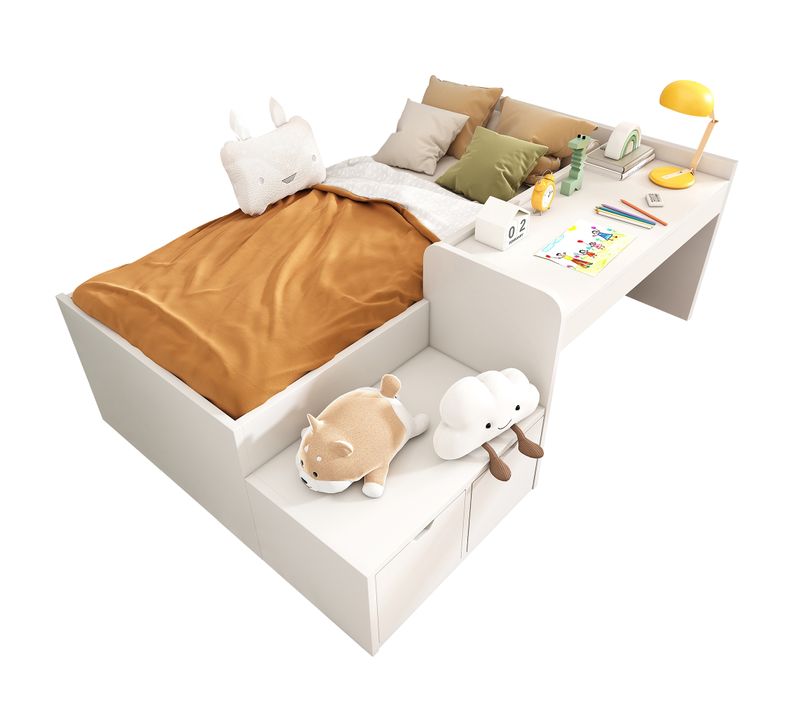 Lit Enfant 90 X 200 Cm En Bois Massif Avec Bureau Et Tiroirs, Sommier Inclus, Blanc