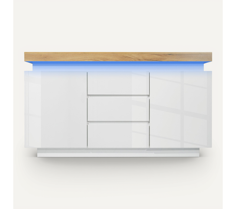 Commode Laquée Avec 2 Portes, 3 Tiroirs Et LED (contrôle Par Application), Pour Salon Ou Chambre