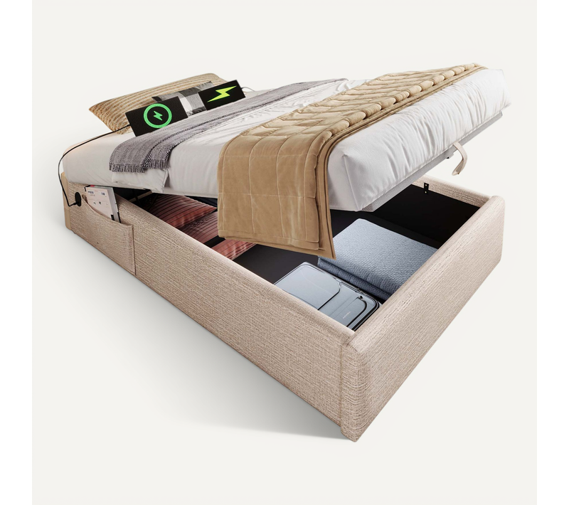 Lit Simple 90x190 Cm, Cadre Avec USB-c, Lattenrost Complet, Sans Tête, Lin, Naturel