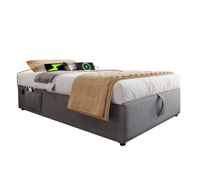 Lit Simple Coffre 90x200 Cm En Tissu Gris Avec USB-c Sans Tête De Lit, Lattenrost Complet
